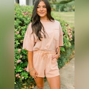 Wandering Away Washed Set-Dusty Peach with Coral Petal Earrings NWT